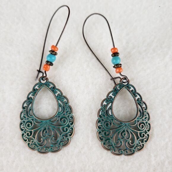 Boho Beaded Patina Teardrop Earrings - Picture 2 of 3